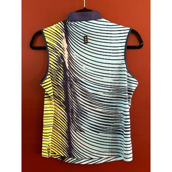 Jamie Sadock Women's Blue Yellow Stretch Sleeveless Shirt Size Small Striped Zip - Picture 2 of 3